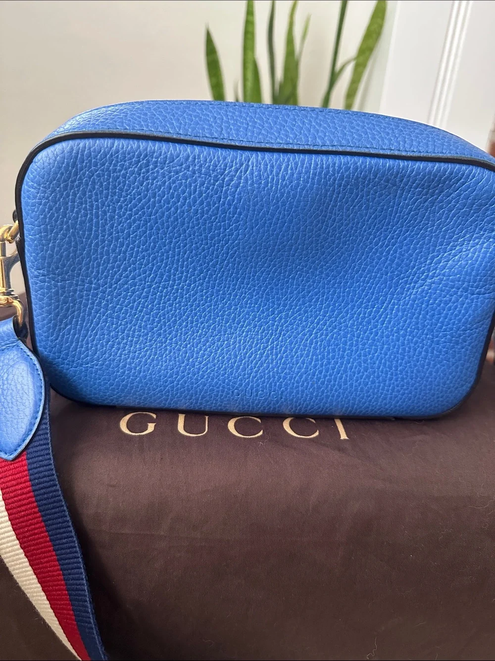 Gucci Blue Leather Tiger Motif Messenger Bag with Striped Strap